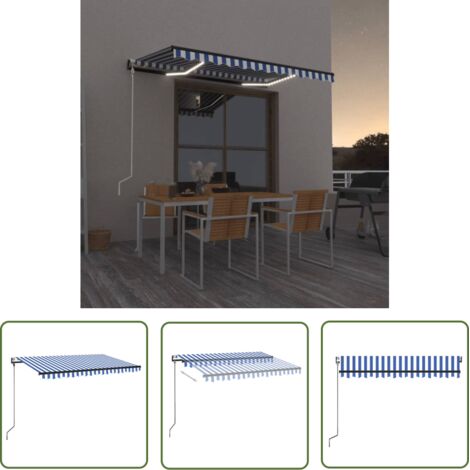 The Living Store Auvent automatique capteur de vent/LED 300x250 cm Bleu et blanc - Auvent Pliable - Auvent Extérieur - Parasol - Abri Solaire - Protection Solaire (1/5)