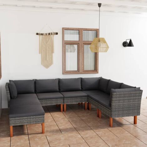 Salon de jardin 8 pcs,Mobilier de terrasse,Table et Chaise pour Relax avec coussins Résine tressée Gris -YZ707549 (1/5)