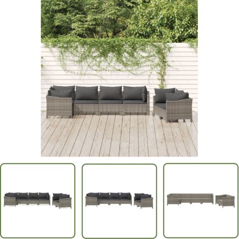 The Living Store Salon de jardin 7 pcs avec coussins Gris Résine tressée - Salon De Jardin - Mobilier De Jardin - Ensemble Salon - Meubles De Jardin - Set Salon Extérieur (1/5)