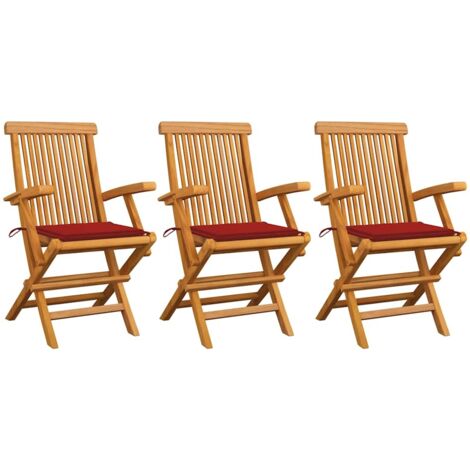 Lot de 3 Chaises/Fauteuils de jardin avec coussins rouge Bois de teck massif -TF11744 (1/5)