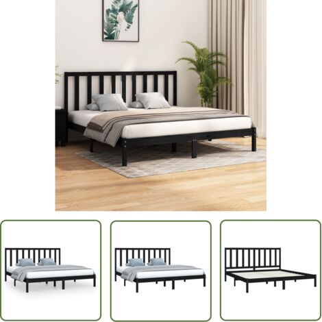 The Living Store Cadre de lit sans matelas noir bois massif de pin 200x200 cm - Cadre De Lit - Lit Double - Lit En Bois - Lit Noir - Meuble Chambre (1/5)