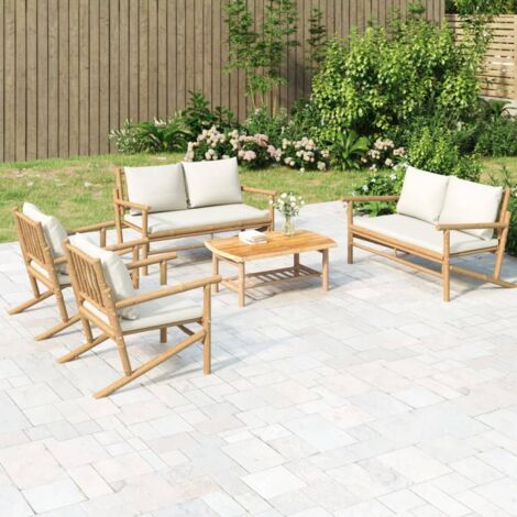Salon de jardin 5 pcs avec coussins blanc crème bambou (1/5)
