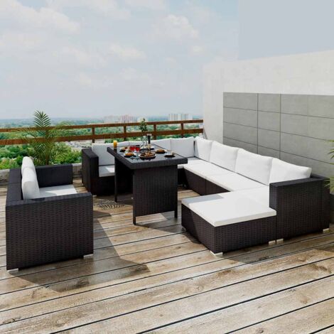 Salon de jardin 10 pcs,Mobilier de terrasse,Table et Chaise pour Relax avec coussins Résine tressée Noir -YZ826447 (1/5)