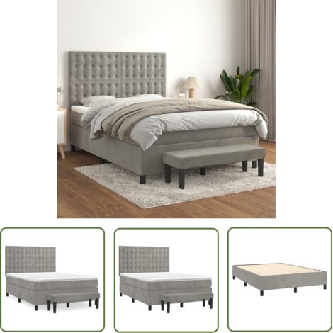 The Living Store Sommier à lattes de lit et matelas Gris clair 140x200cm Velours - Lit Plateforme - Lit Velours - Lit Double - Lit Design - Literie (1/5)