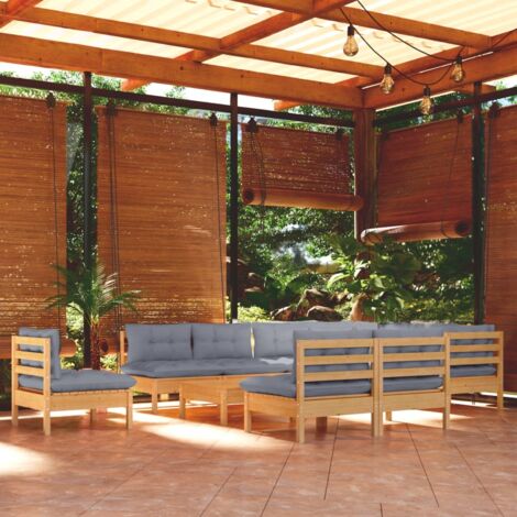 INLIFE Salon de jardin 11 pcs avec coussins gris Bois de pin solide (1/5)