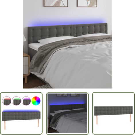 The Living Store Tête de lit à LED Gris foncé 200x5x78/88 cm Velours - Tête De Lit Led - Tête De Lit Velours - Tête De Lit Moderne - Éclairage Led - Support Lombaire (1/5)