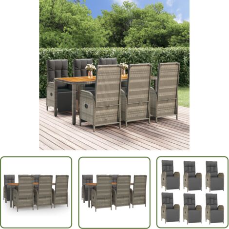The Living Store Ensemble à manger jardin et coussins 7 pcs gris rotin - Salon De Jardin - Mobilier De Jardin - Set De Salon De Jardin - Chaise Inclinable - Table De Jardin (1/5)