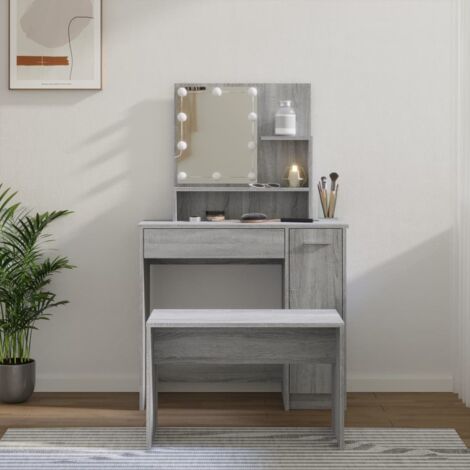 Ensemble de coiffeuse et Miroir + tabouret avec LED,Style Moderne Sonoma gris Bois d'ingénierie -BV88890