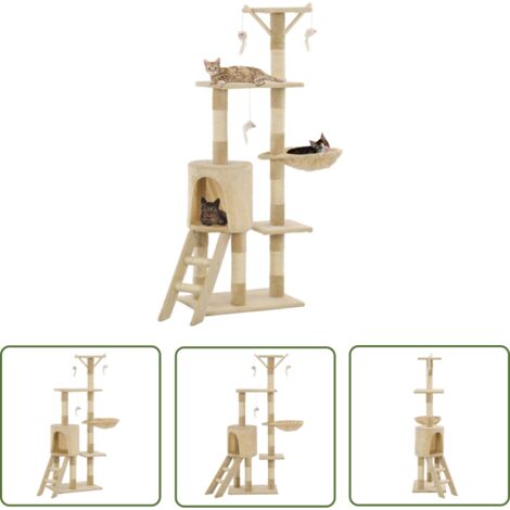 The Living Store Arbre à chat avec griffoirs en sisal 138 cm Beige - Arbre À Chat - Chat - Jouet Pour Chat - Griffoir - Maison Pour Chat (1/5)