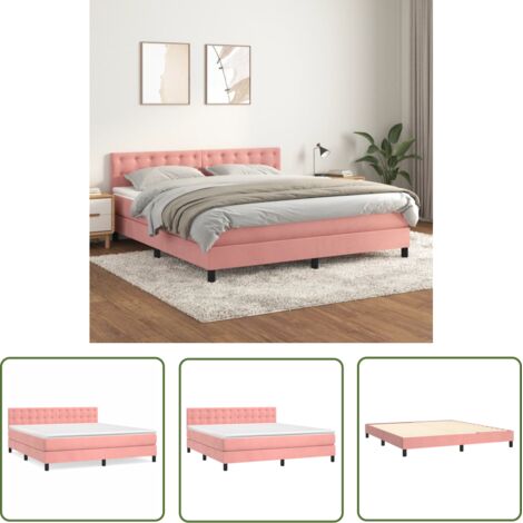 The Living Store Sommier à lattes de lit avec matelas Rose 160x200 cm Velours - Lit Double - Lit Tapissier - Lit Velours - Lit Rose - Literie (1/5)