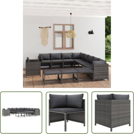 The Living Store Salon de jardin 12 pcs avec coussins Résine tressée Gris - Salon De Jardin - Mobilier De Jardin - Ensemble De Salon - Meubles De Jardin - Resin Tressée (1/5)