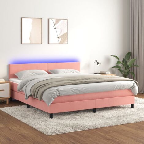 Sommier Tapissier + Matelas + LED,Lit adulte Simple Durable Rose 160x200 cm Velours -81907 (1/5)