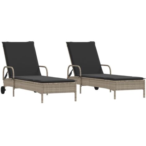 Chaises longues Transat Bain de soleil avec coussins lot de 2 gris résine tressée (1/5)