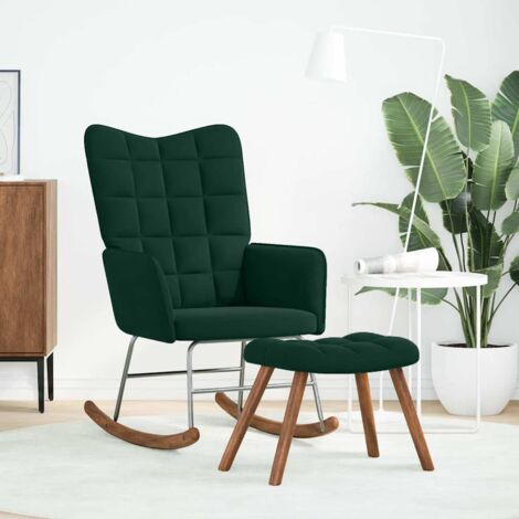 Chaise à bascule avec tabouret en velours vert foncé (1/5)