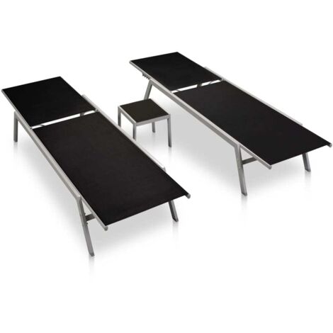 Chaises longues Transat Bain de soleil lot de 2 avec table acier et textilène noir (1/5)