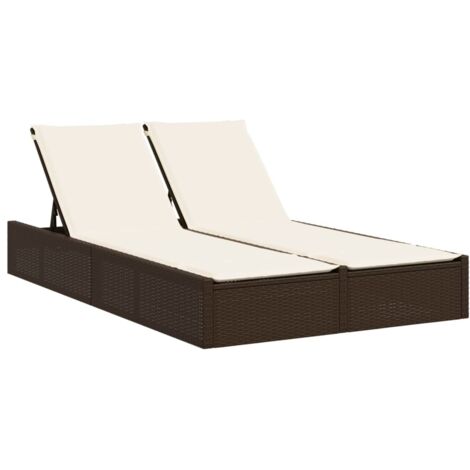 Chaise longue Transat Bain de soleil double avec coussins marron résine tressée (1/5)
