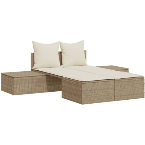 Chaise longue  Transat  Bain de soleil double avec coussins beige résine tressée