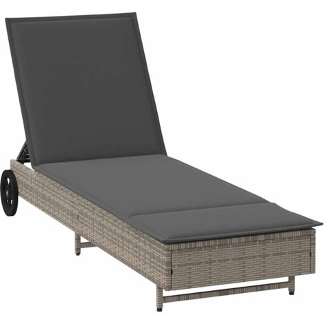 Chaise longue  Transat  Bain de soleil avec roues et coussin gris résine tressée