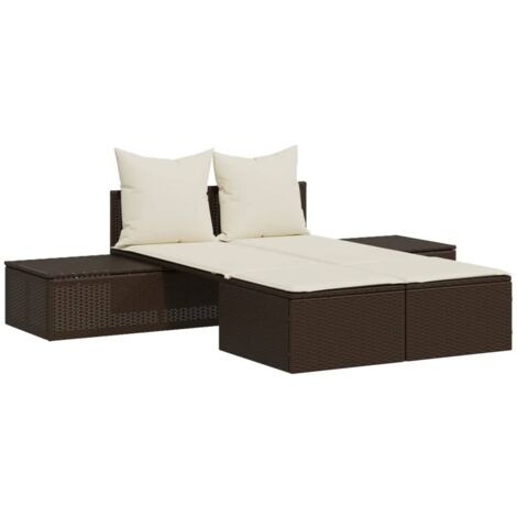 Chaise longue Transat Bain de soleil double avec coussins marron résine tressée (1/5)