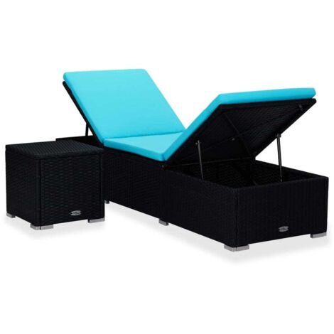 Chaise longue Transat Bain de soleil avec coussin et table à thé Résine tressée Bleu (1/5)