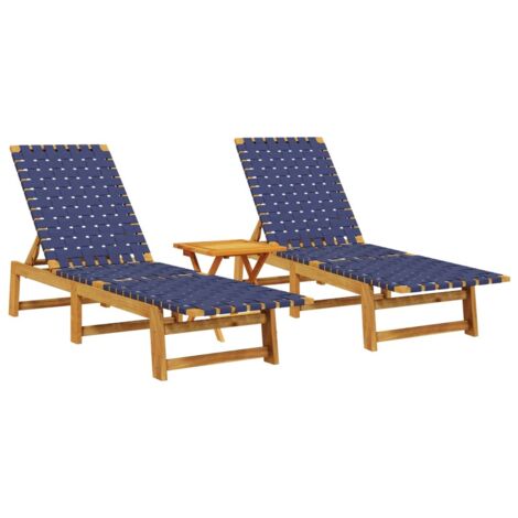 Chaises longues Transat Bain de soleil lot de 2 et table bleu foncé bois massif acacia (1/5)