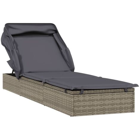 Chaise longue  Transat  Bain de soleil avec toit pliable gris 213x63x97 cm résine tressée