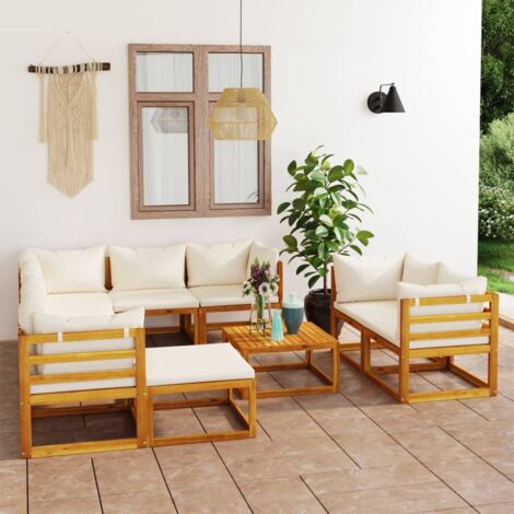 10 pcs Salon de jardin avec coussins Salon d'extérieur Ensemble Meuble de Jardin Mobilier d'Extérieur Crème Bois d'acacia solide XFNRX915106 (1/5)