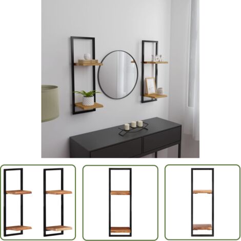 The Living Store Étagères murales 2 pcs 25x25x75 cm Bois d'acacia et acier - Étagères Murales - Étagères En Bois - Étagères Design - Décoration Murale - Rangement Mural (1/5)