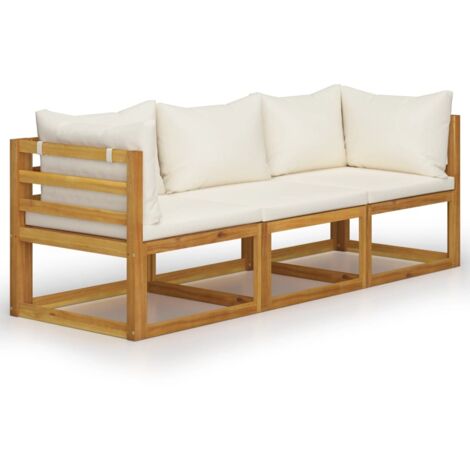 Canapé de jardin Divan de jardin à 3 places avec coussin Crème Bois d'acacia
