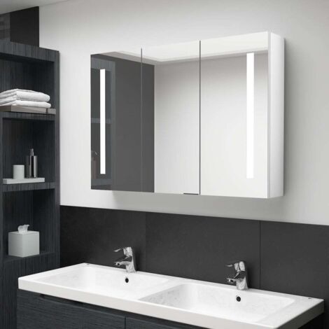 Armoire de salle de bain à miroir LED, Meuble de Rangement, Placard de Rangement Toilettes 89x14x62cm Blanc brillant MJU45929 (1/5)