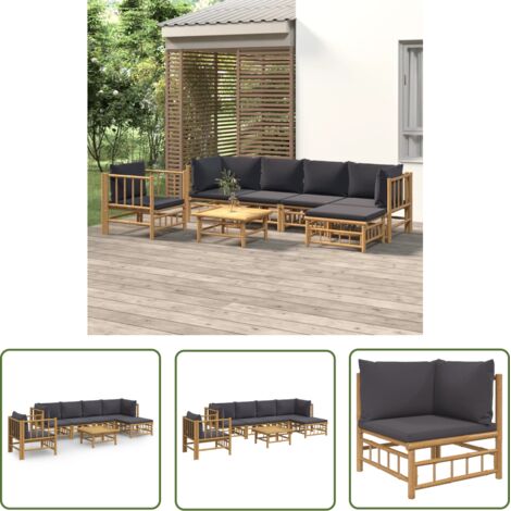 The Living Store - Salon de jardin 7 pcs avec coussins gris foncé bambou (1/5)