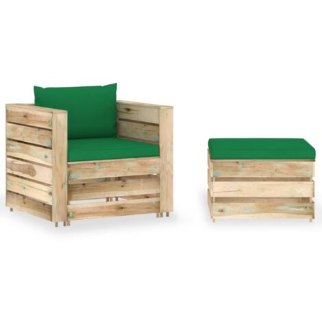 2 pcs Salon de jardin, Ensemble table et chaises de jardin, Meuble de jardin avec coussins Bois imprégné de vert MKW150083 (1/5)