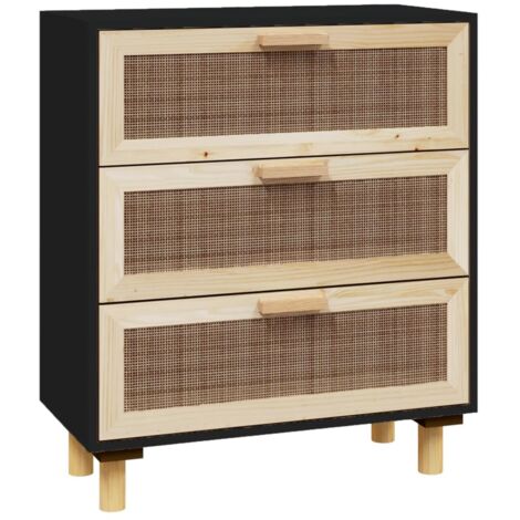 Buffet Meuble de rangement Noir 60x30x70 cm Bois de pin massif et rotin naturel (1/5)