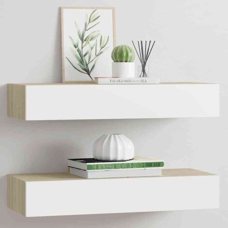 Lot de 2 Étagères à tiroirs murales Étagères Murales Flottantes de Rangement Chêne et blanc 60x23,5x10cm MDF BRZH366829 (1/5)