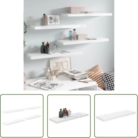 The Living Store Étagère murale flottante 4 pcs Blanc brillant 80x23,5x3,8cm MDF - Étagère Murale - Étagères Murales - Rangement Mural - Décoration Murale - Meuble Blanc (1/5)