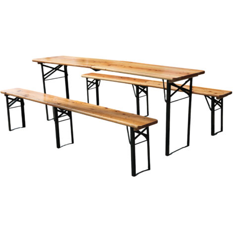 Ensemble de jardin à bière pliable 220 cm, 3 pièces : 1 table pliante + 2 bancs, pin massif résistant aux intempéries, gain de place, supporte jusqu’à 200 kg. (1/5)