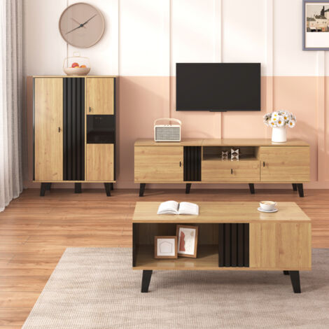 Ensemble de salon 3 pièces – table basse, meuble TV et buffet – design moderne en bois et noir – nombreux rangements, élégance et style pour tous les intérieurs