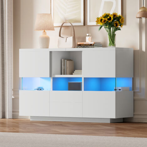 Meuble de salon minimaliste blanc à double niveau : plateau suspendu et meuble bas sur pied. Nombreux rangements, résistant à la poussière et très durable. Apporte une sensation d’espace et une ambian (1/5)