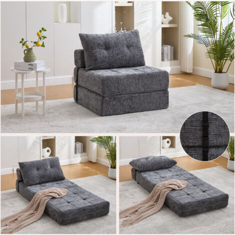 Canapé-lit pliable, canapé-lit avec coussins, matelas pliable avec dossier, canapé pliant portable, canapé de sol confortable pour salon et chambre (tissu chenille gris) (1/5)