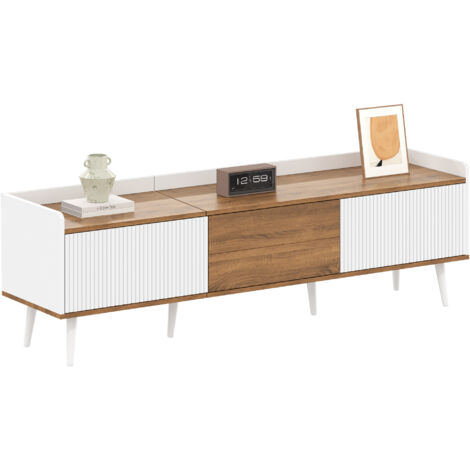 Meuble TV, table TV, support TV, meuble bas trois portes. Design compact. Finitions bois blanc et naturel. Hauteur 49,5 cm / Longueur 160 cm / Largeur 39 cm (1/5)