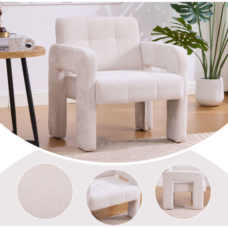 Fauteuil individuel moderne et minimaliste, confortable et rembourré, style nordique, en chenille beige, idéal pour le salon, la chambre ou le bureau. (1/5)