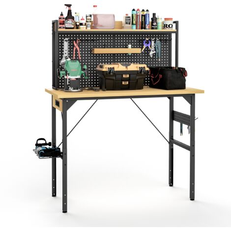 Établi réglable de 120 cm avec panneau perforé, établi robuste en bois avec roulettes, capacité de charge de 700 kg, établi roulant avec port AC/USB, crochets, étagère, pour garage, atelier, bureau, m (1/5)