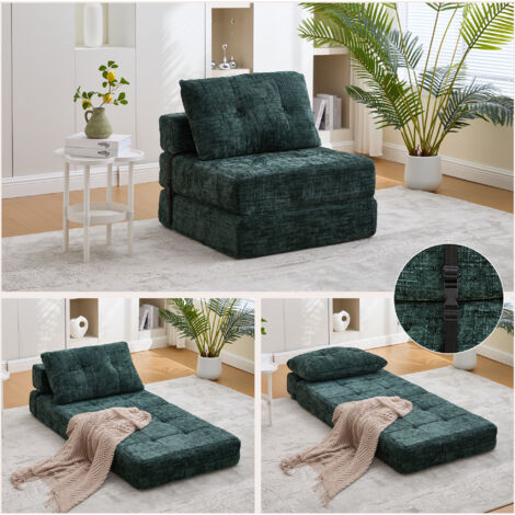 Canapé-lit pliable, canapé-lit avec coussins, matelas pliable avec dossier, canapé pliant portable, canapé de sol confortable pour salon et chambre (chenille vert foncé) (1/5)