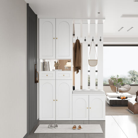 Ensemble armoire, armoire murale  ensemble armoire avec banc à chaussures et étagère à chaussures, 4 crochets, 6 portes, 2 tiroirs, mobilier d'entrée blanc (L110×H180×P37cm)