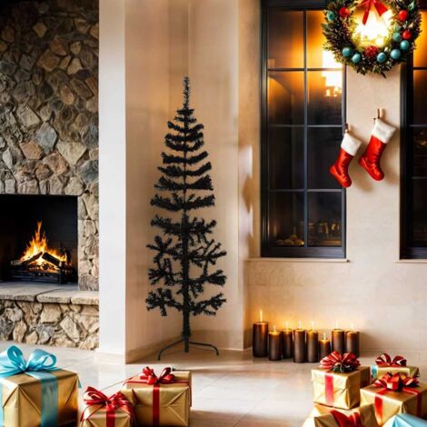 Demi Sapin de Noël Arbre de Noël artificiel mince avec support Noir 150 cm (1/5)