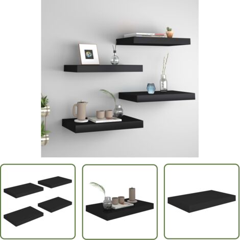 The Living Store Étagères murales flottantes 4 pcs noir 40x23x3,8 cm MDF - Étagères Murales - Étagères Flottantes - Décoration Murale - Rangement Mural - Meubles Noirs (1/5)