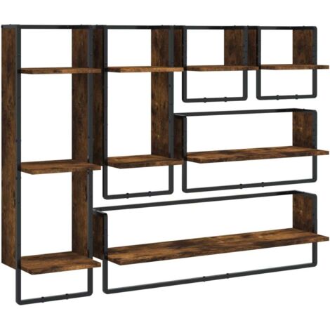 Ensemble d'étagères murales avec barres 6 pcs Étagères flottantes chêne fumé (1/5)