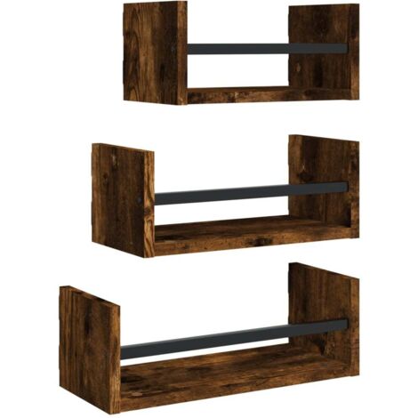 Ensemble d'étagères murales avec barres 3 pcs Étagères flottantes chêne fumé (1/5)