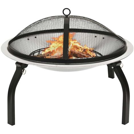 Foyer et barbecue avec tisonnier 2 en 1, Brasero Exterieur, Poêle Chauffant pour Terrasse  56x56x49 cm Inox LKF33178 (1/5)