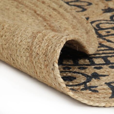Tapis fait à la main Jute avec imprimé bleu foncé 90 cm (1/5)
